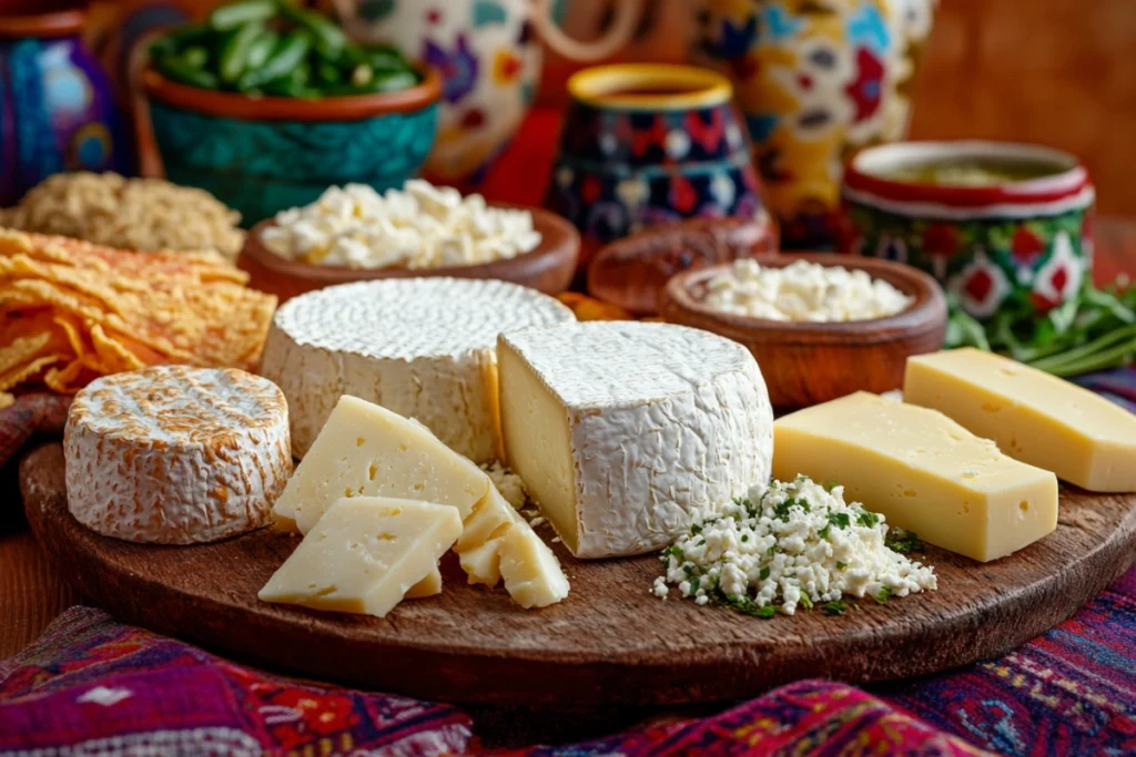 A selection of authentic Mexican cheeses displayed on a wooden board.