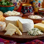 A selection of authentic Mexican cheeses displayed on a wooden board.