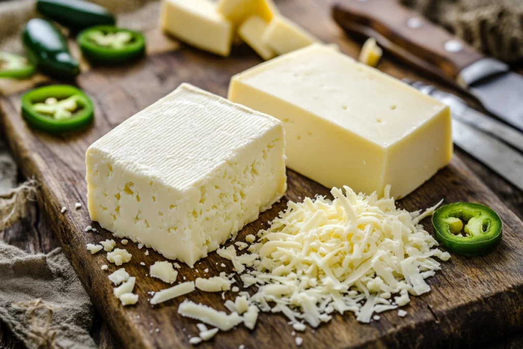 Monterey Jack and white cheddar cheese blocks with shredded cheese
