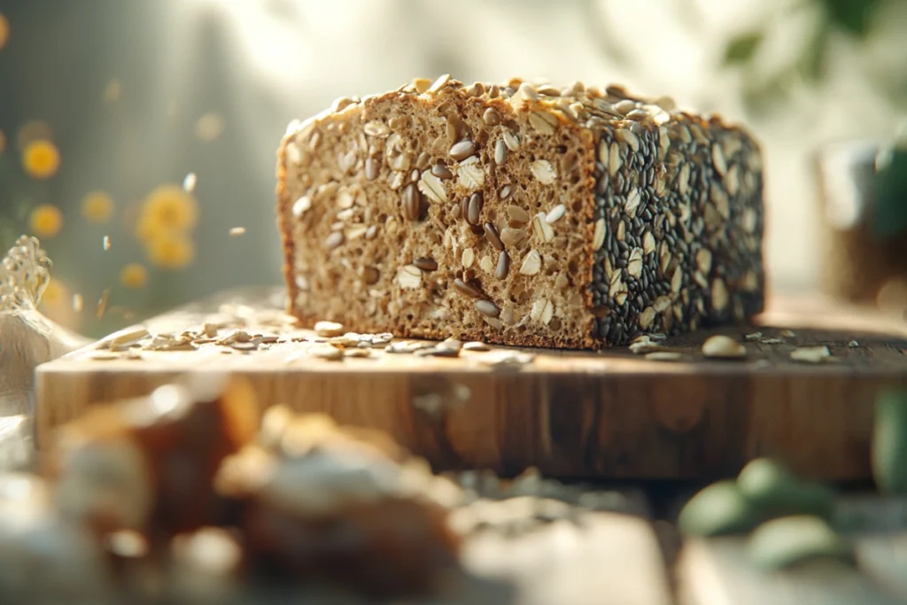 A slice of high fiber bread showing whole grains and seeds.