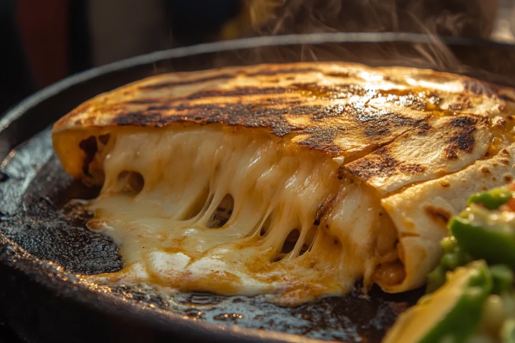 Oaxaca cheese melting inside a quesadilla on a comal.