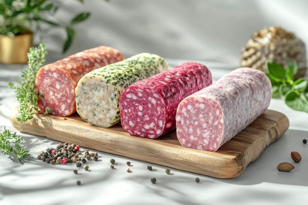 Pork-free salami options including beef, turkey, and vegan salami