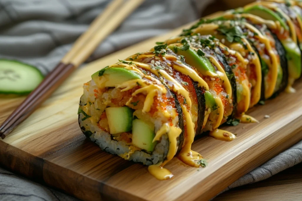 A delicious pregnancy-safe sushi roll with kanikama, avocado, and cucumber.