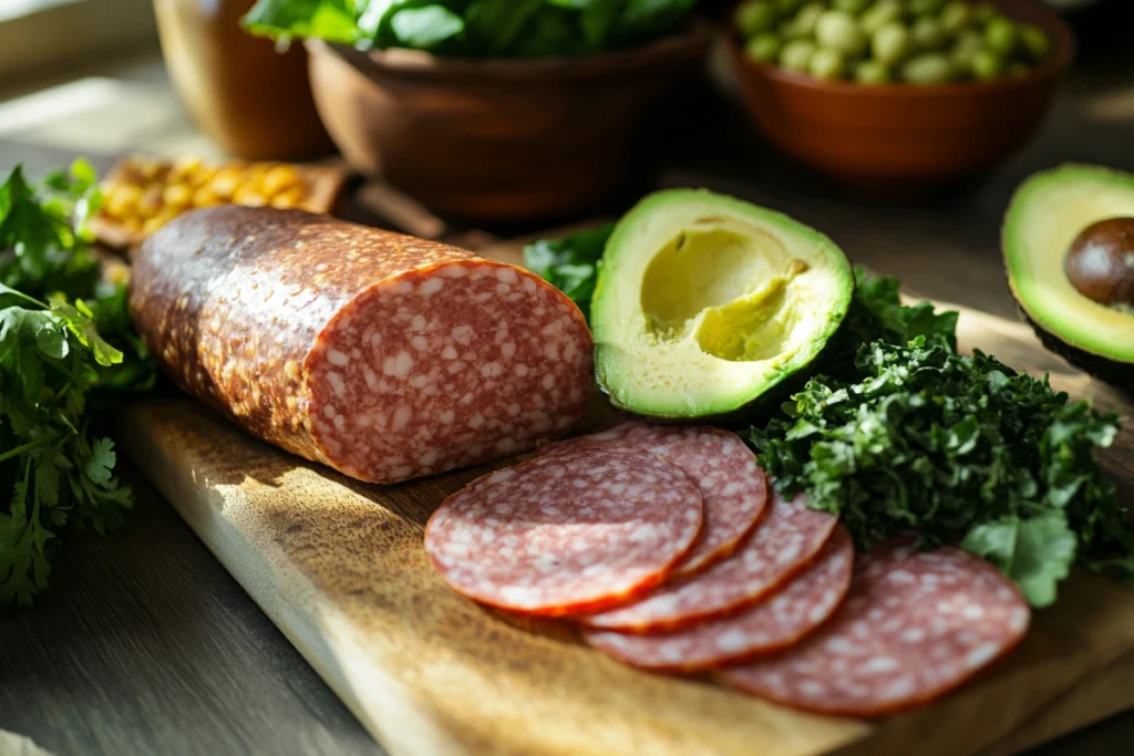 A health-conscious meal featuring turkey salami and fresh vegetables