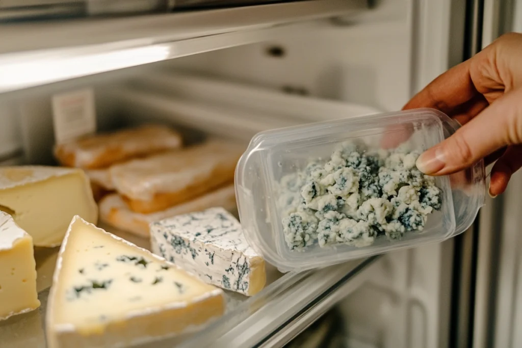 Airtight container of blue cheese crumbles in a fridge
