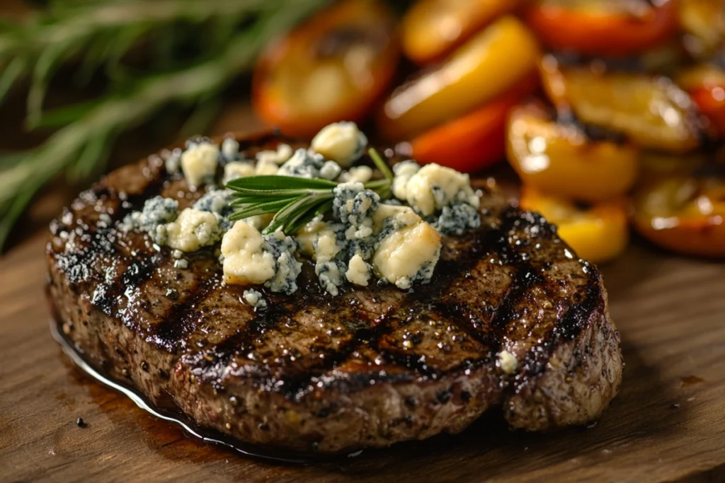 Grilled steak topped with melting blue cheese crumbles
