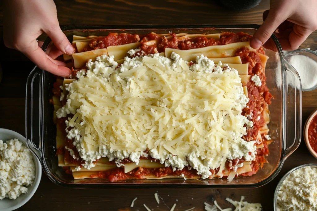 Lasagna assembly with layers of cheese and sauce