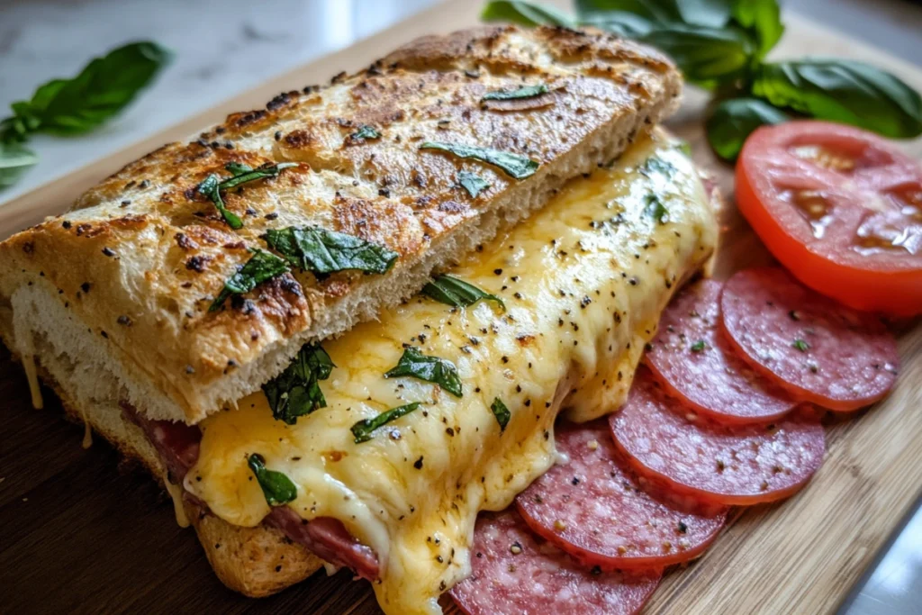 Turkey salami panini sandwich with melted cheese