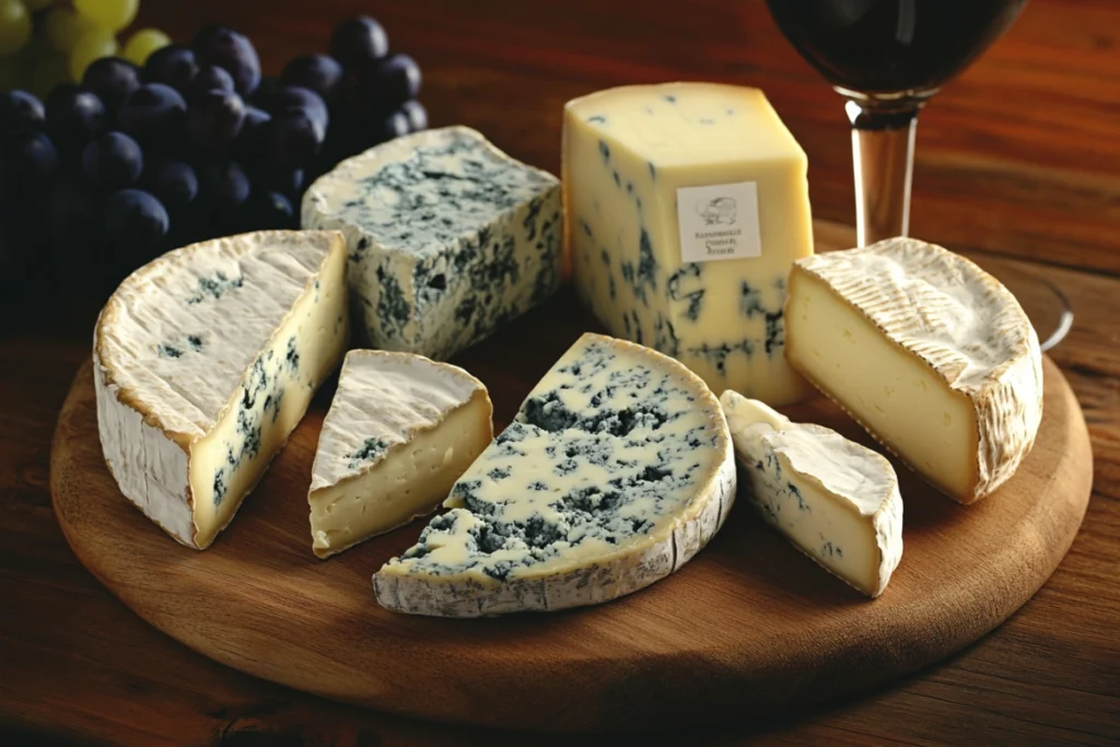 Varieties of blue cheese on a wooden board with labels