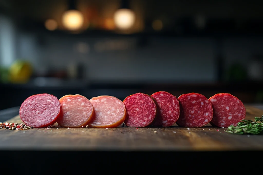 Different types of non-pork salami on a wooden board
