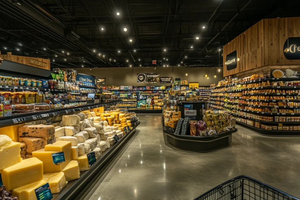 Grocery store aisle with Longhorn cheese varieties labeled as Colby Longhorn.