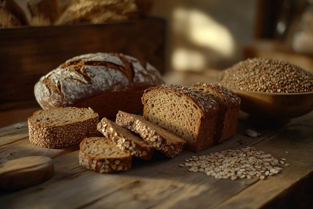 A variety of high-fiber breads, including rye and sprouted grain, displayed on a wooden table.