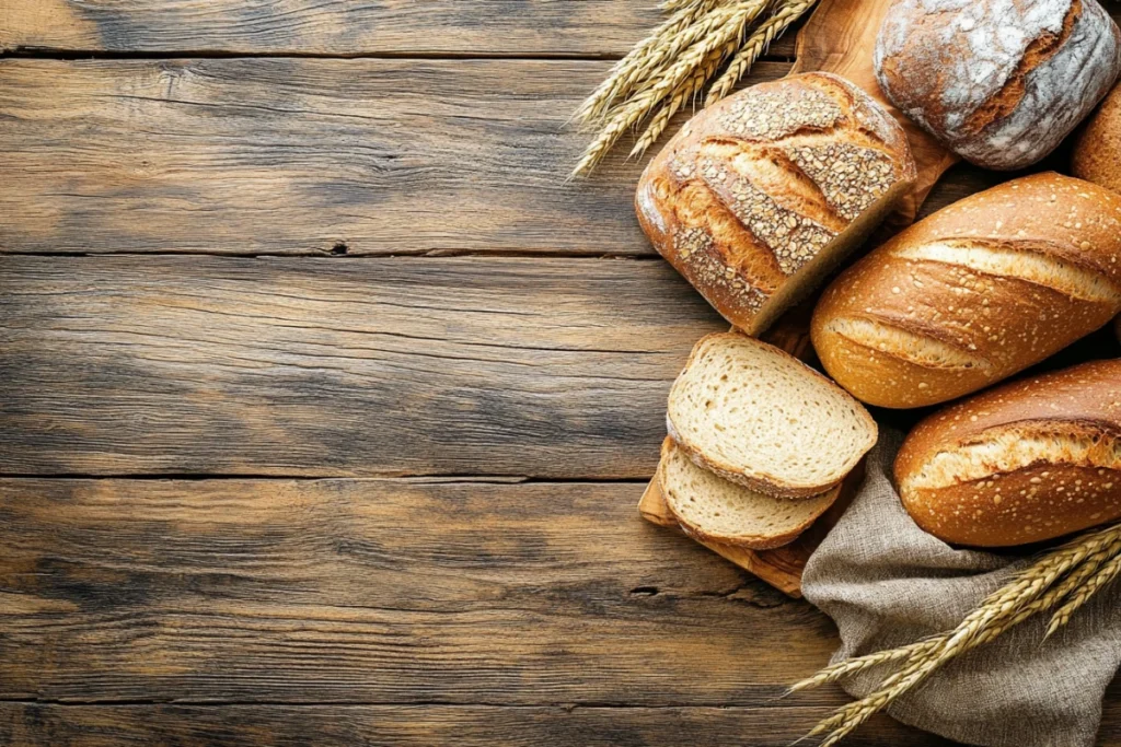 A variety of fresh, healthy bread loaves including whole wheat, sourdough, and multigrain on a rustic wooden table.