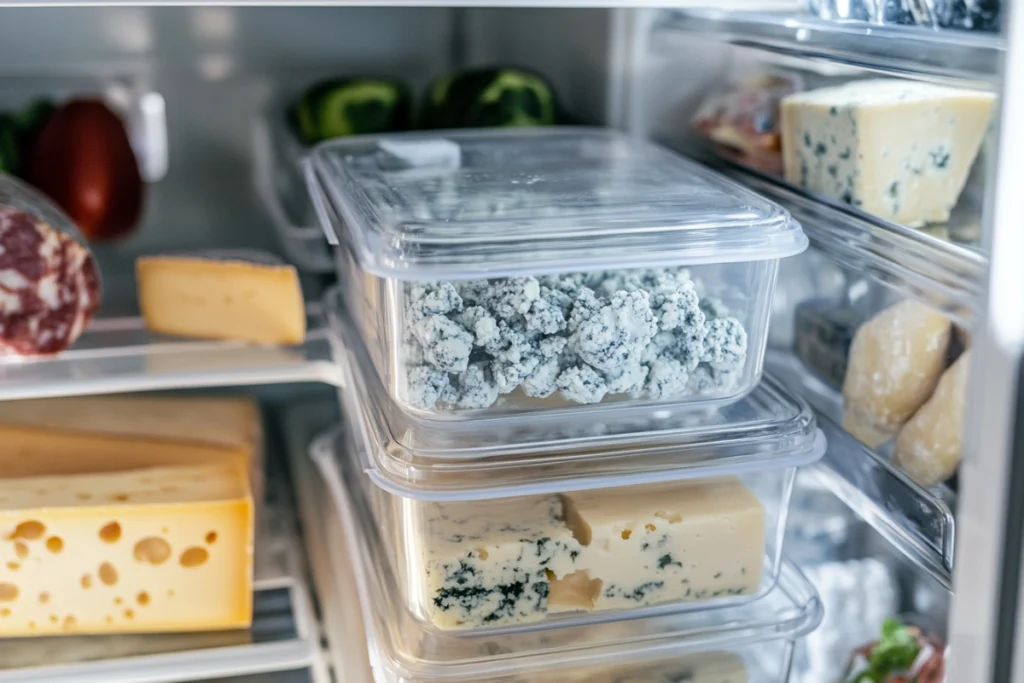 Proper storage of blue cheese crumbles in the fridge