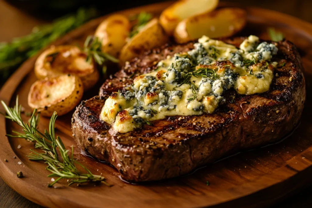 Steak with melted blue cheese crumbles